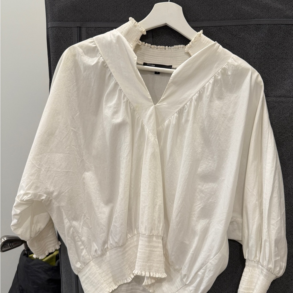 Maje Libou Smocked Cotton Poplin Top Blouse Ecru Size Small S